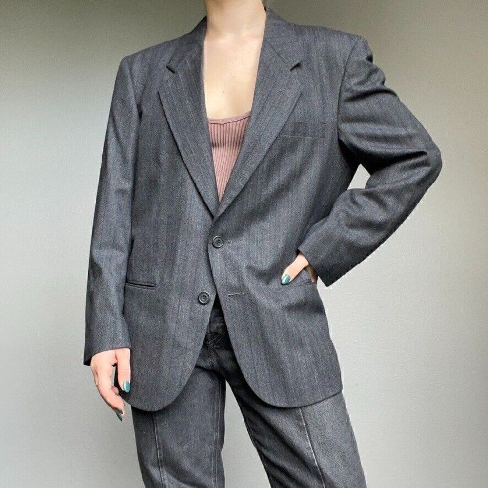 Vintage Givenchy Dark Gray Striped Oversized Wool Blazer Preppy Sport Coat 40R